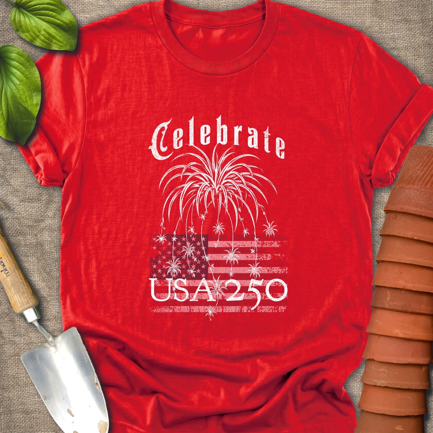 Celebrate USA 250 T-Shirt — Patriotic Fireworks Flag Graphic Tee