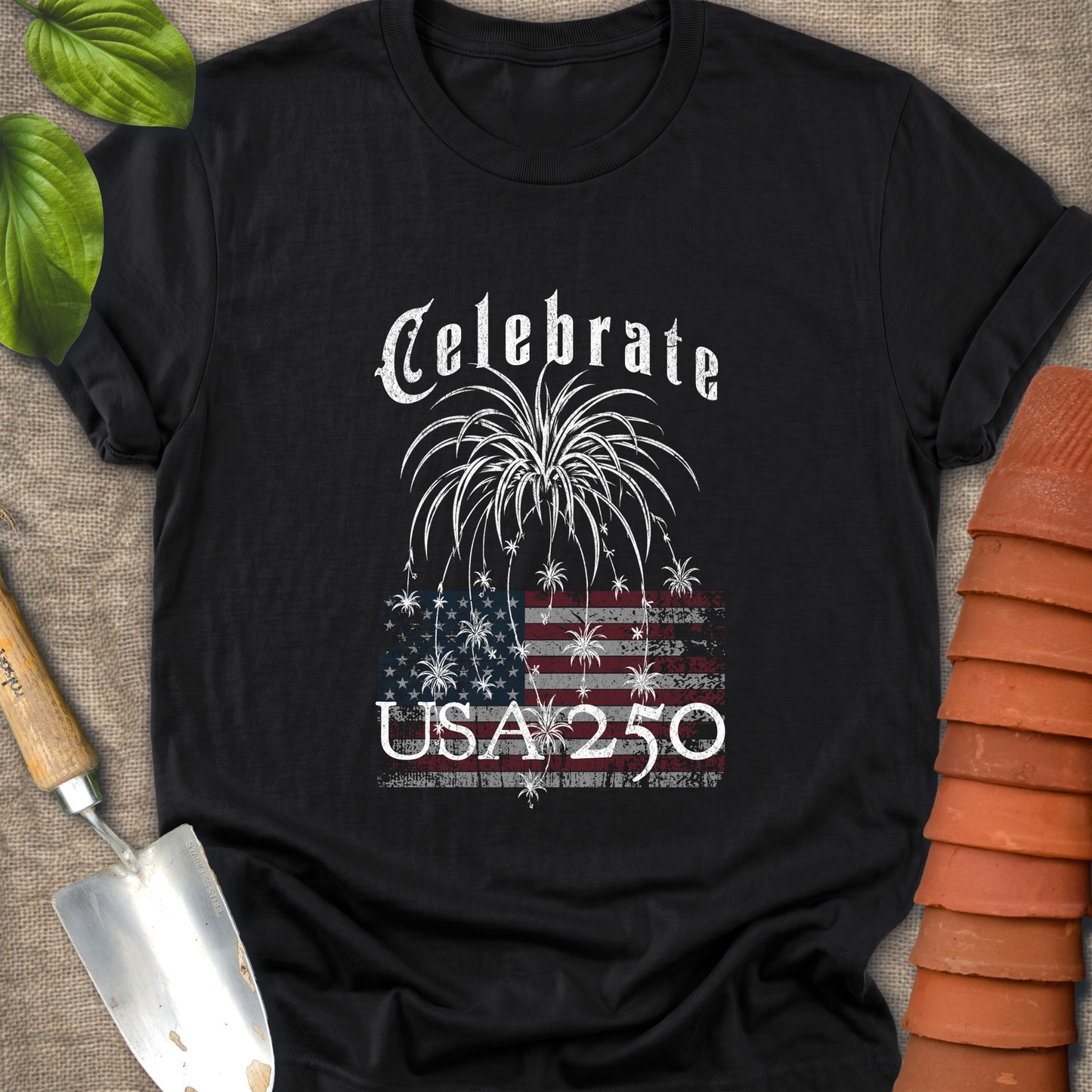 Celebrate USA 250 T-Shirt — Patriotic Fireworks Flag Graphic Tee