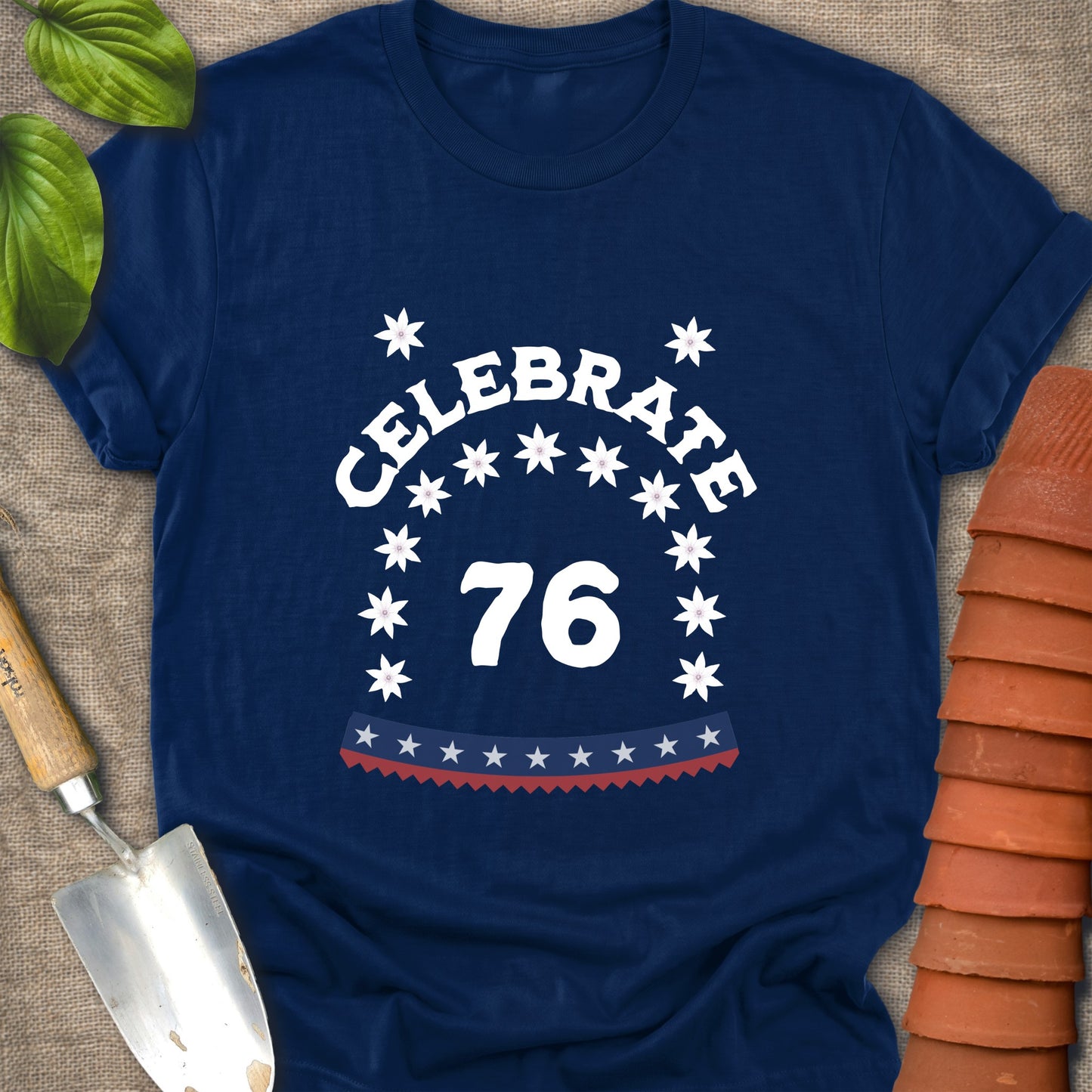Celebrate America T-Shirt with 13 Star Flowers Around the 76